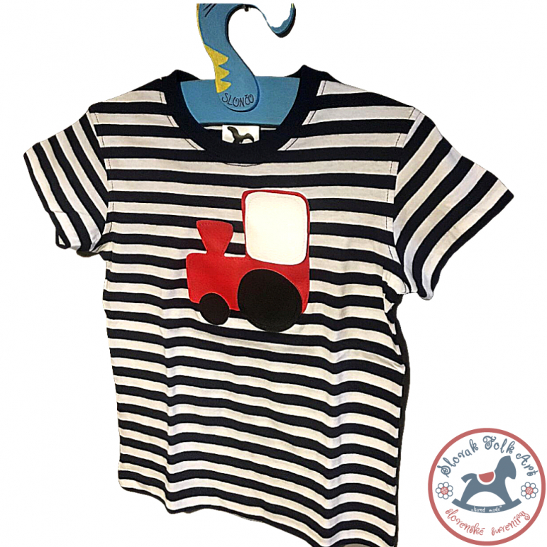 Children's whistling T-shirt (striped with train)