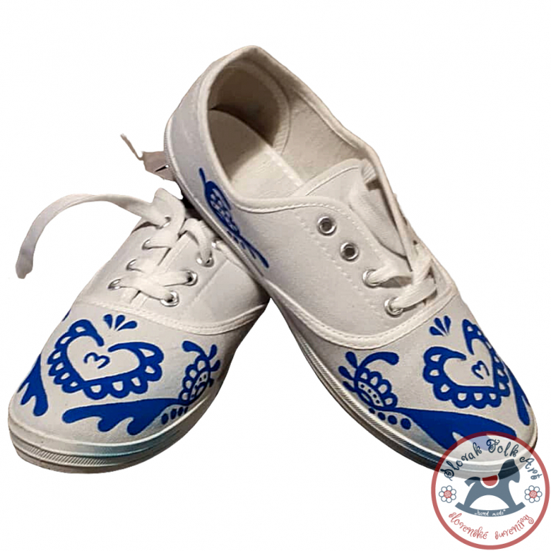 Women's white folklore sneakers with blue ornament