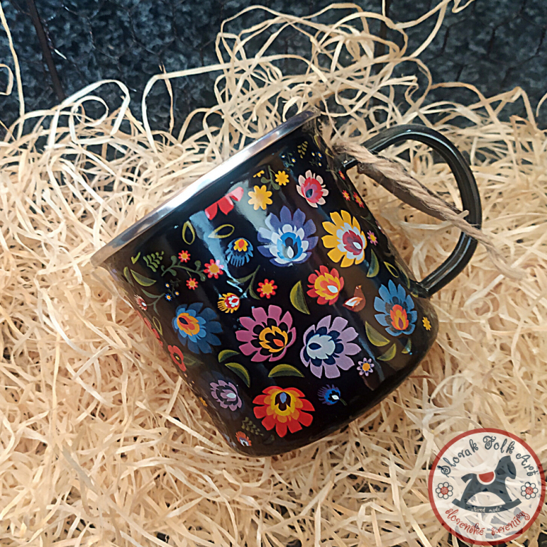 Enamel mug folk black flowers 1