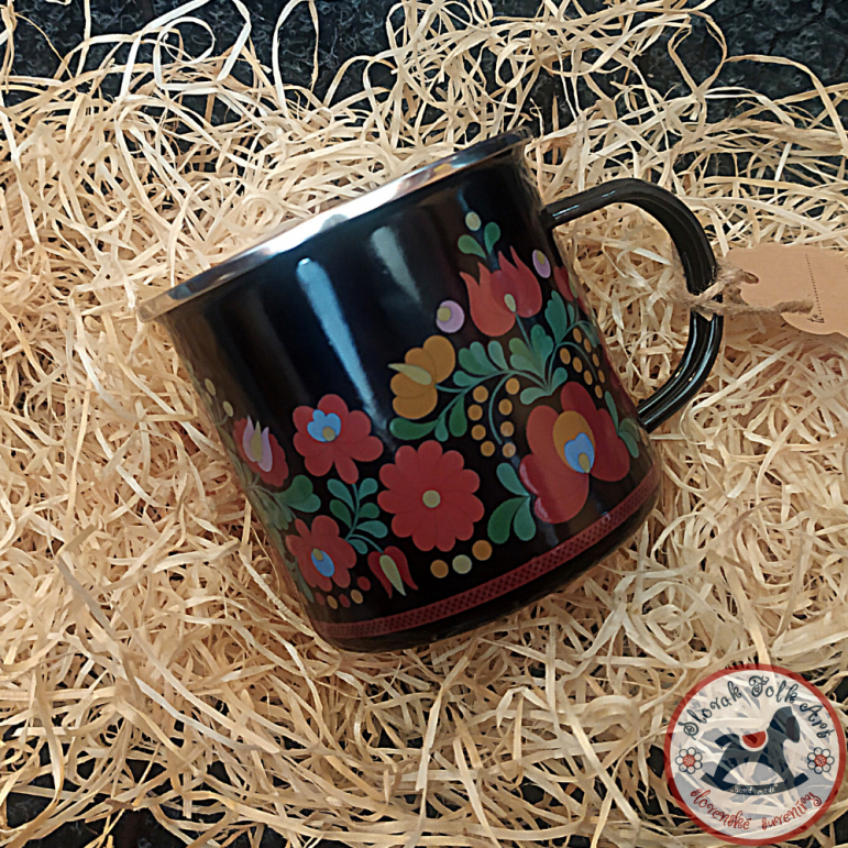 Enamel cup folk black flower 2