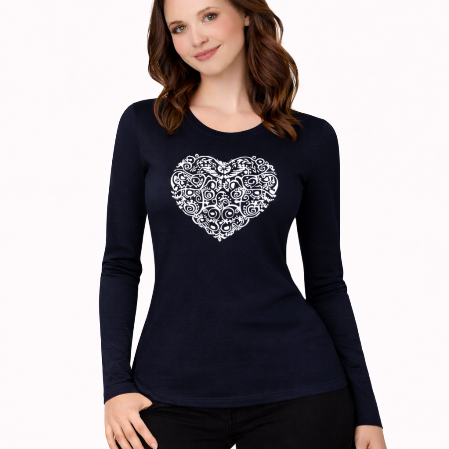 Dámske tričko Vyšívané srdce - čierne (dlhý rukáv)