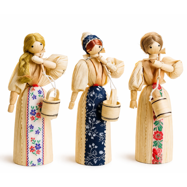 Corn husk doll with a bucket